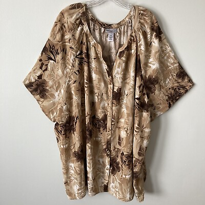 #ad Catherines Tunic Top 5X Maggie Barne Brown Tan Floral Blouse Light Weight Office $19.00
