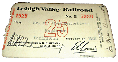 #ad 1925 LEHIGH VALLEY RAILROAD EMPLOYEE PASS #5936 $40.00