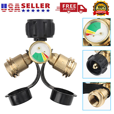 #ad #ad Propane Tank Y Splitter Adapter 2 Way LP Gas Tee Connector with Gauge $14.99