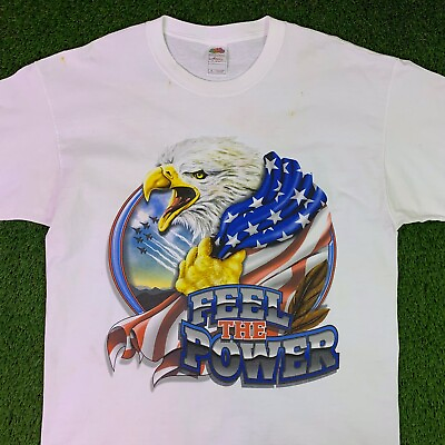 #ad Vintage 90s Feel The Power Eagle America Flag T Shirt Size XL White $24.99