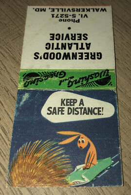 #ad 1950s “Keep A Safe Distance ” Rabbit Porcupine Matchbook Greenwood’s Atlantic MD $36.95