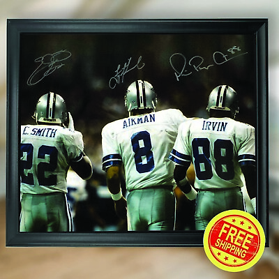 #ad Troy Aikman Emmitt Smith Michael Irvin Autograph Signed Framed NFL RP FREE SHIP $10.73