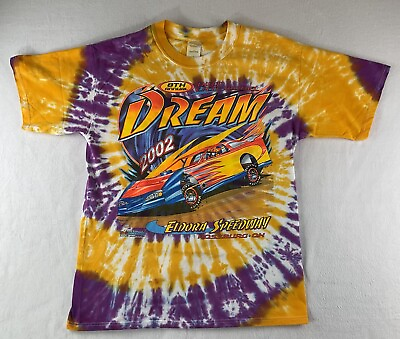 #ad Eldora Speedway T shirt Large 8th Annual Tie Dye 2002 Purple Yellow Signed $14.99