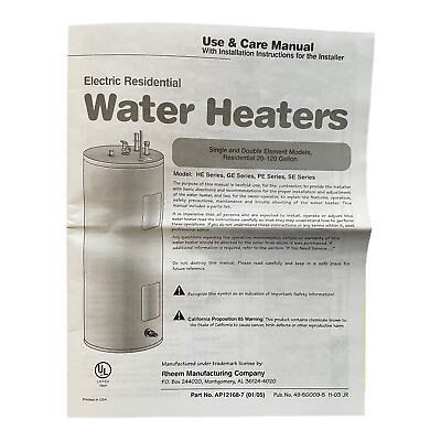 #ad Rheem Electric Residential Water Heaters Use amp; Care Manual HE PE GE SE Series $13.99
