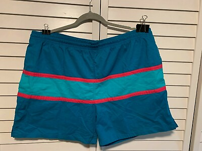 #ad Morro Bay Colorblock Teal Hot Pink Swimsuit Trunks Shorts Size XL Vintage 90s GC $17.02