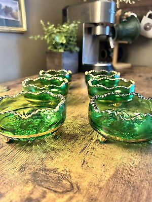 #ad Antique EAPG BERRY BOWLS 6 Glass Riverside Esther Emerald Green w Gold Gild $100.00