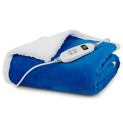 #ad 60quot;X 50quot;Heated Electric Blanket Throw w 10 Heat Levels amp; 9 Hours Shut off Blue $39.99