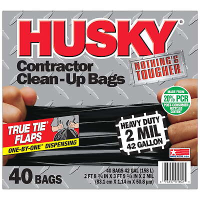 #ad Husky Heavy Duty Contractor Black Bags 42 Gallon 40 Bags 2 Mil 20% PCR $15.81