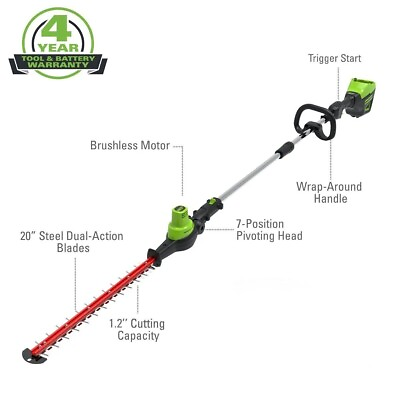 #ad PRO 20 in. 60V Battery Cordless Pole Hedge Trimmer Tool Only by Greenworks $99.95
