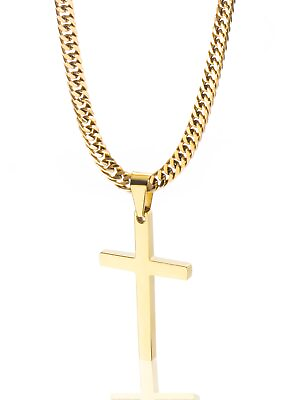 #ad Men Cross Necklace Silver Gold Stainless Steel Boy Plain Pendant Cuban Chain $10.99