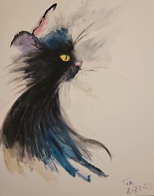 #ad Black Cat in Water Color Original Art by Tia Wilson art painting print $10.99