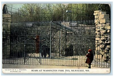 1909 Bears At Washington Park Zoo Kid Watching Milwaukee Wisconsin WI Postcard #ad #ad $29.95
