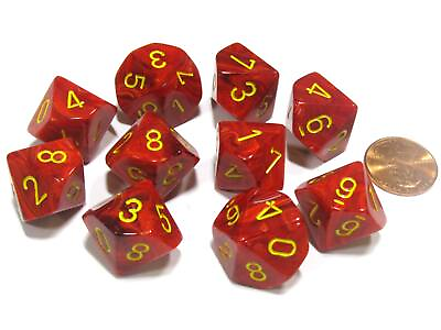 #ad Set of 10 Chessex Vortex D10 Dice Red with Yellow Numbers $14.99