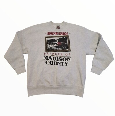 #ad Vintage 90s Roseman Bridge Madison County Iowa Sweatshirt Size L Carpenter Promo $20.00
