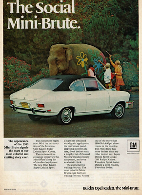 #ad 1968 Vintage Print Ad Buick#x27;s Opel Kadett The Social 1969 Mini Brute Elephant $9.95