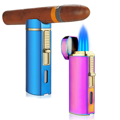 #ad 3in1 Triple Jet Flame cigar lighter Fuel Visible Refillable Gas Lighter w stand $12.99