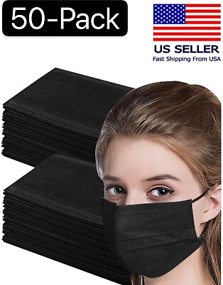 #ad 50 Pcs Black 3 Ply Face Mask Disposable Non Medical Surgical Earloop Mouth Cover $10.18