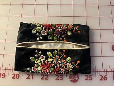 #ad Vintage Embroidered Black Silk Portable Tissue Holder $15.00