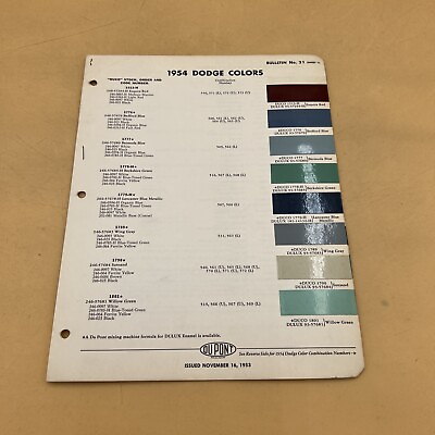 #ad 1954 ‘54 Dodge Exterior Color Paint Chips Sample Chart DuPont Bulletin No. 21 $12.00