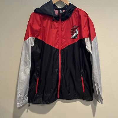 #ad #ad NBA Portland Trail Blazers Windbreaker Hooded Zip Jacket Mens XL Red Black $15.00