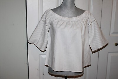 #ad NWOT Abercrombie amp; Fitch White Gray Stripe Top On Off Shoulder Size S $15.95