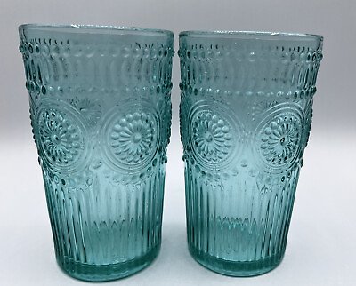 #ad Pioneer Woman Adeline Blue Teal Water Glass Tumblers 2 16oz $14.99