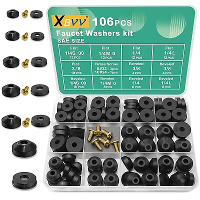 #ad 106 PCs Faucet Washer Assortment Kit with Assorted Flat amp; Beveled Rubber Washers $13.90