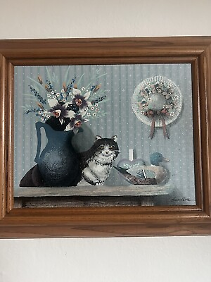 #ad Vintage Framed Painted On Canvas Signed Hamilton TUXEDO CAT Oil Painting $29.99