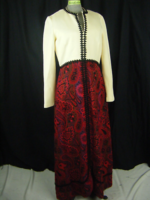 #ad RONA Vtg 70s Cream Fine Wool Dark Red Paisley Tapestry Maxi Dress Bust 39 S M $10.38