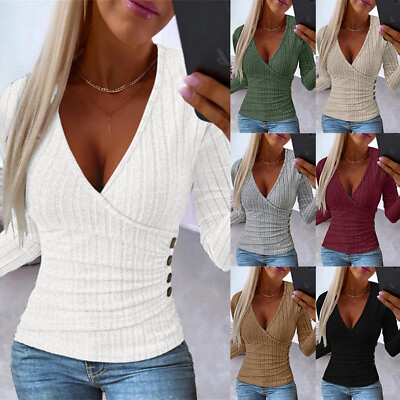 #ad Sexy Women Solid Slim Fit Blouses Ladies Long Sleeve V Neck Pullover Tops Tees $18.69