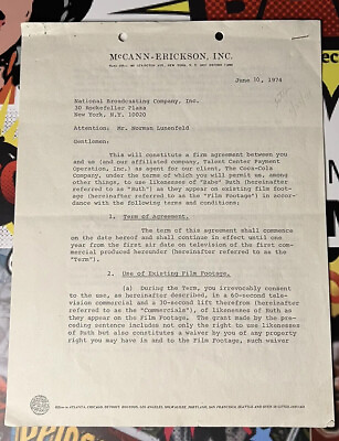 #ad BABE RUTH 1974 NBC COCA COLA CONTRACT SIGNED PSA DNA COA BY MRS. GEORGE H RUTH $3000.00