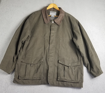 #ad Dunne amp; Cole Jacket Men XL Green Canvas Chore Barn Coat Leather Trim Lined $39.88