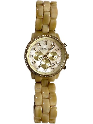 #ad Michael Kors MK 5372 Womens Quartz Watch Brown Pearl Bracelet Chronograph Bling $35.00