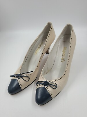 #ad Maserati Cream And Blue Italian Leather Pump 3quot; Heel Blue Toe And Bow Size 6 $21.71