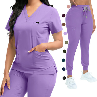 #ad Unisex Stretch Nurse Uniform Medical Scrub Sets Women Men V Neck Top Jogger Pant $18.98