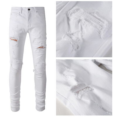 #ad #ad New Pop Style Ripped Holes Patchwork Skinny Men#x27;s Pants White Jeans AM897C $58.15