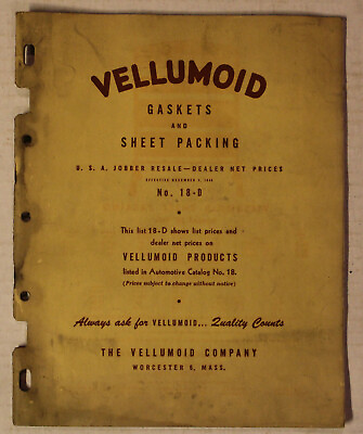#ad 1948 Vellumoid Gaskets General Parts Price Book Catalog # No. 18D $33.75