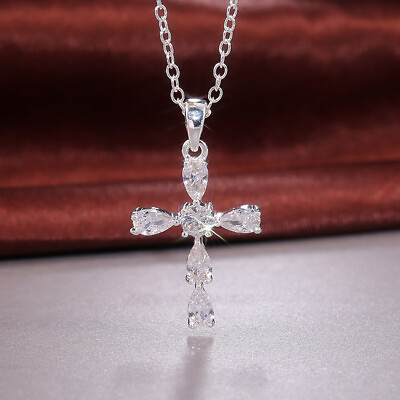 #ad Fashion Jewelry Cross 925 Silver Filled Necklace Pendant Cubic Zircon Party Gift C $3.37