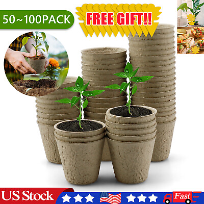 #ad 100Pack Biodegradable Peat Pots for Seedlings Seed Starter Starting Tray Round $26.95