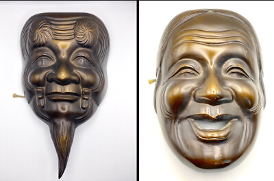 #ad Vintage Mid Century Pair Of Japanese Cast Iron mask Okina Noh w craftsman seal $480.00