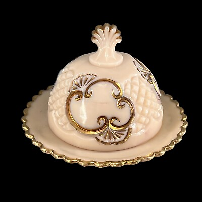 #ad Antique EAPG Pink Slag Gold Butter Cheese Dome Croesus Riverside Glass Work 1898 $139.99