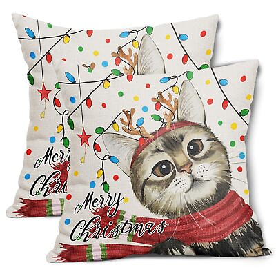 #ad Christmas Pillow Covers 18X18 Inch Merry Christmas Cat Color Lights Decorativ... $15.90