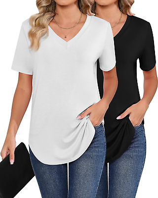 #ad 2 Pack Women#x27;s Short Sleeves Shirts Ladies#x27; V Neck Tunic Tops Causal $39.99