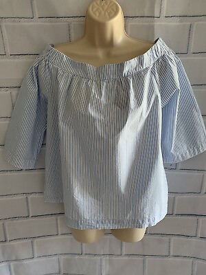 #ad Madewell Small Clean Off The Shoulder Pinstripe Blouse Blue White Top 3 4 Sleeve $17.99