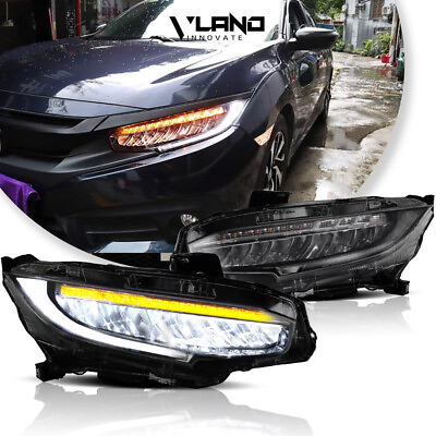 #ad VLAND For 2016 2021 Honda Civic Reflector FULL LED Headlights W DRL Sequential $259.99