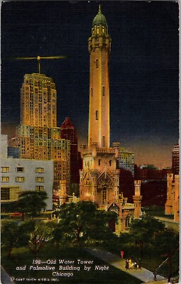 #ad Illinois Postcard: The Old Water Tower In Palmolive Building At Night In Chicago $0.99