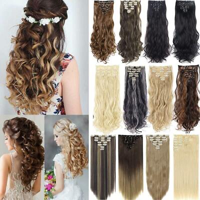 #ad 7Pieces Long Wavy Curly Straight Clip In Hair Extensions Hairpieces Black Blonde $9.99