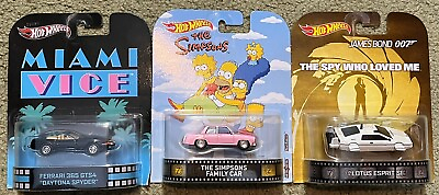 #ad #ad 3 Carded Hot Wheels Retro Car Lot Simpsons Family Car Miami Vice J. Bond Lotus $129.95