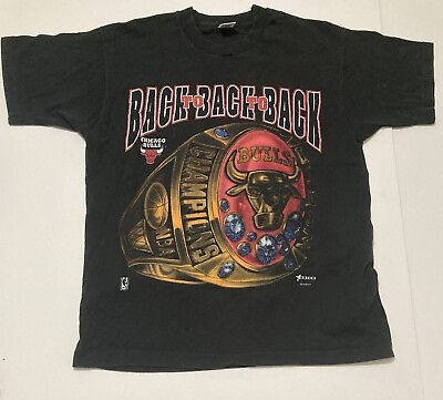 #ad Vintage NBA Chicago Bulls Back To Back To Back Champion Rings T Shirt Mens Large $161.89