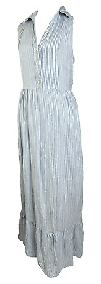 #ad Draper James Linen Blend Maxi Dress L Blue White Pinstripe Sleeveless Button $29.99